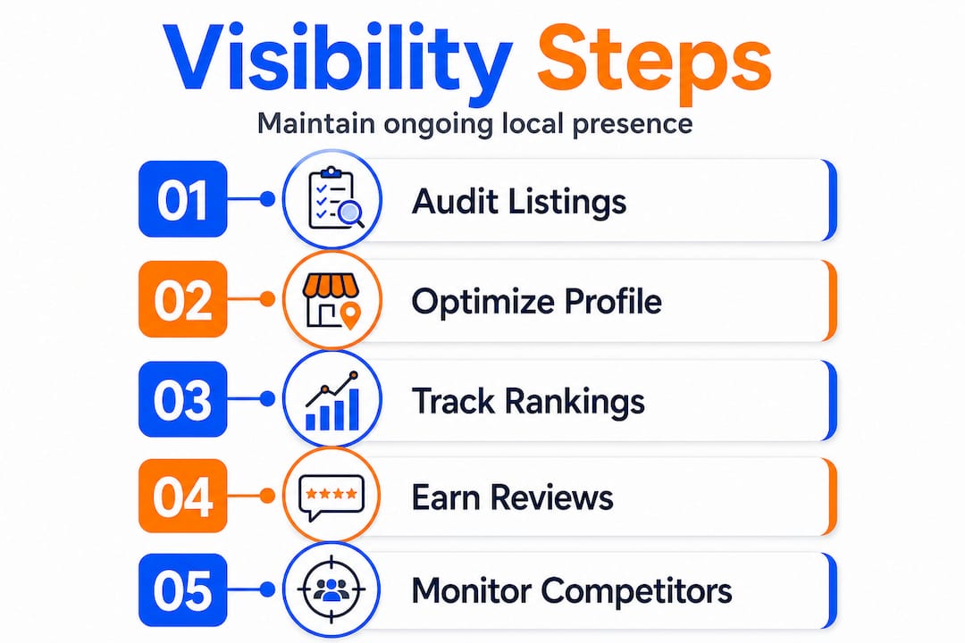 Vertical infographic showing steps to maintain local listing visibility