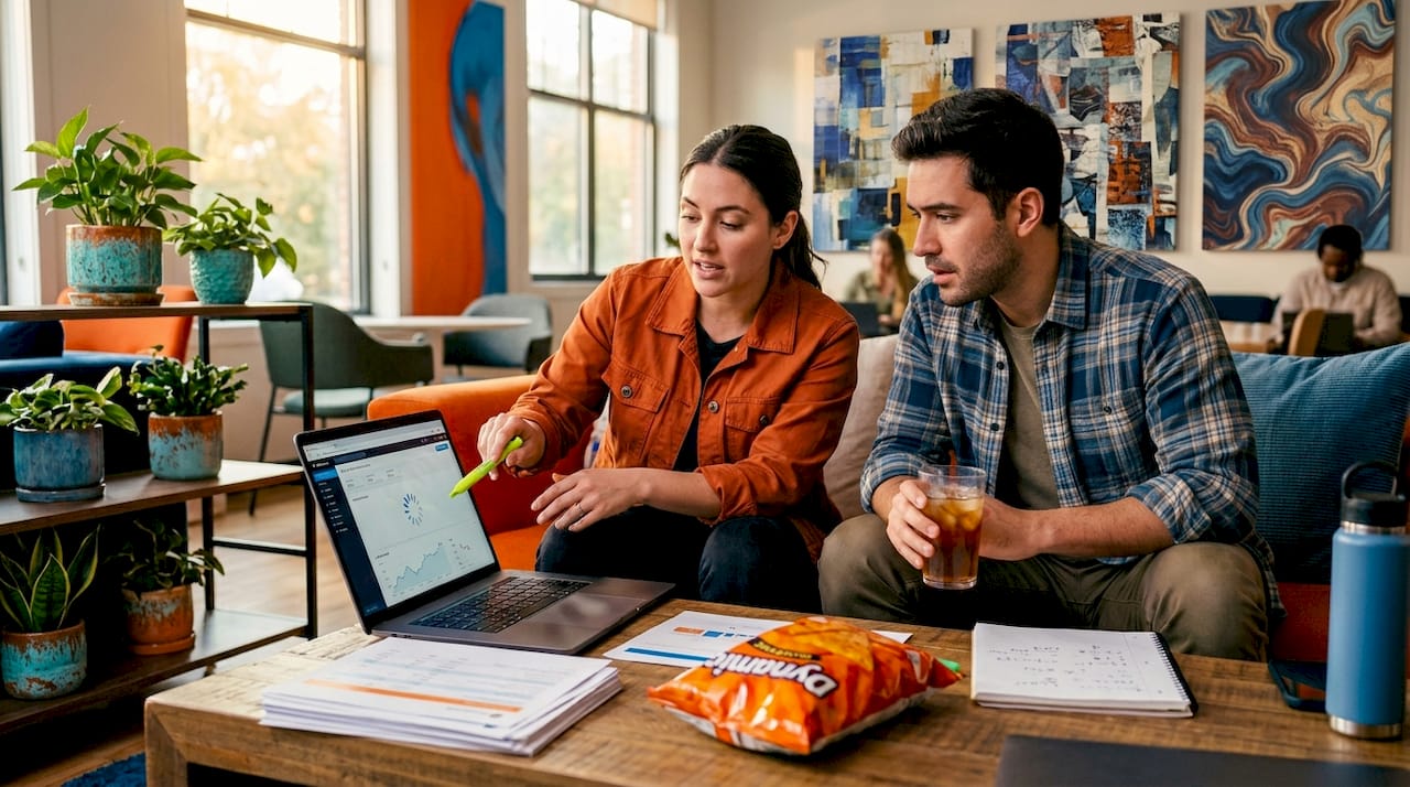 Coworkers discussing slow website at shared office desk