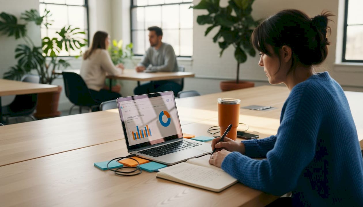 Small business owner reviews campaign data at workspace