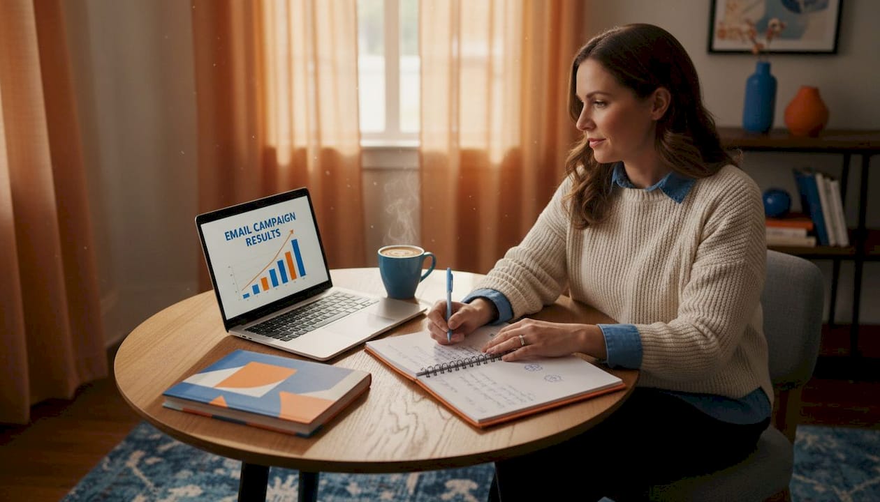 Small business owner checks email results at kitchen table