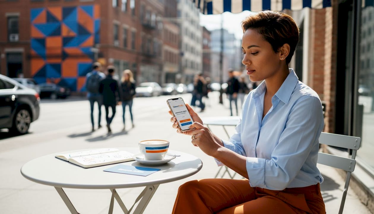Person registering for event on smartphone in café