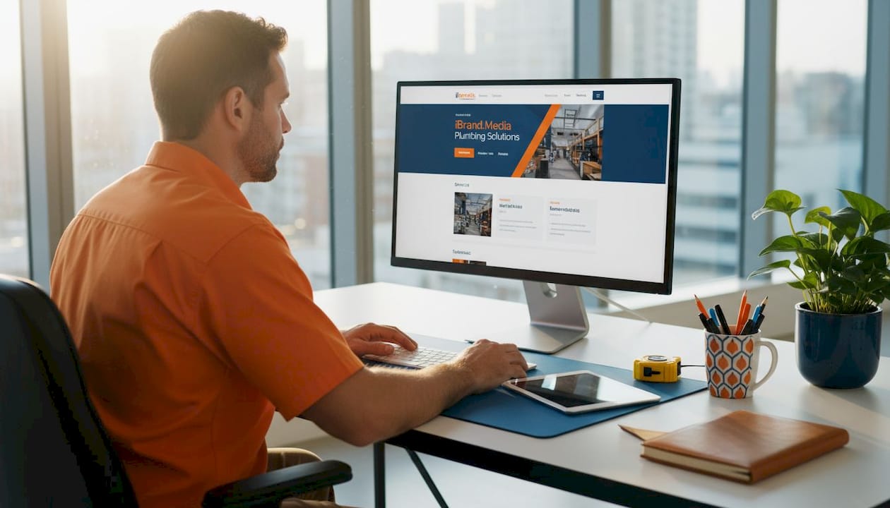 Plumber reviews business website at small office desk