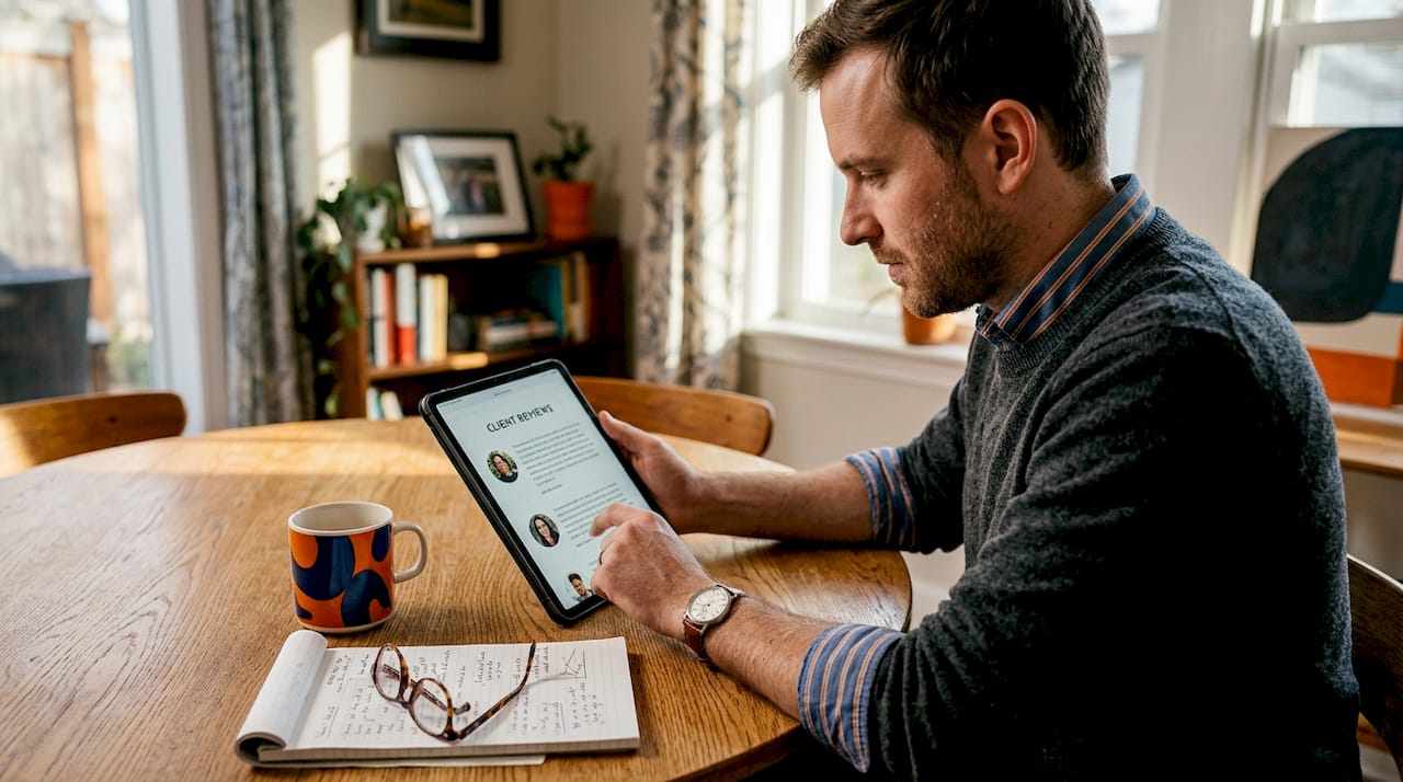 Homeowner reading testimonials on tablet in kitchen