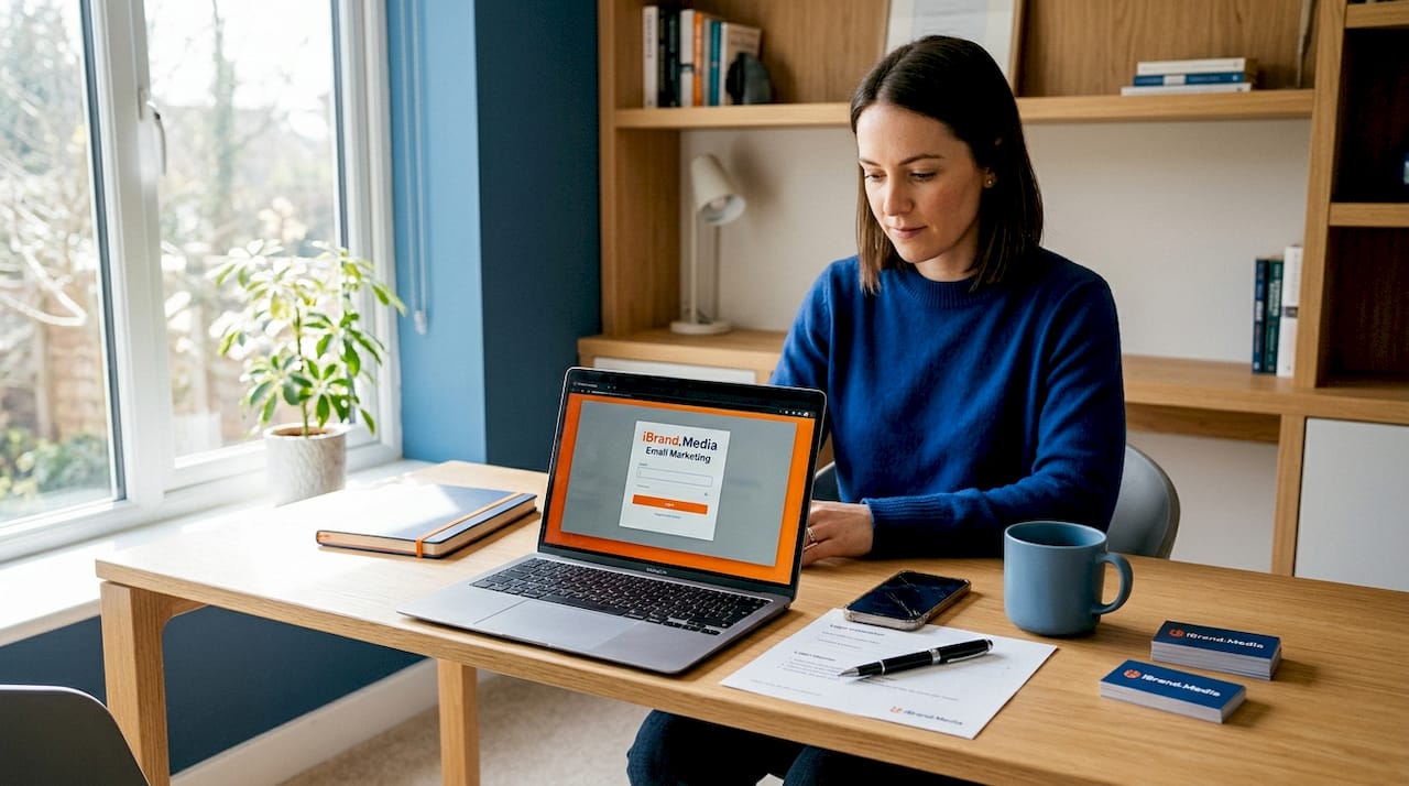 Person setting up email platform at dining table