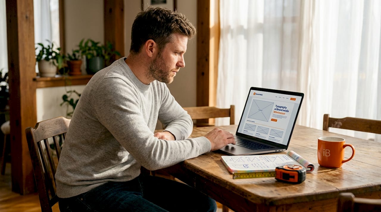 Contractor reviewing web design at kitchen table
