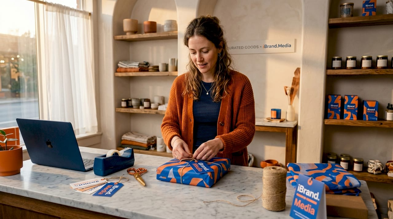 Shop owner wraps product behind cluttered counter