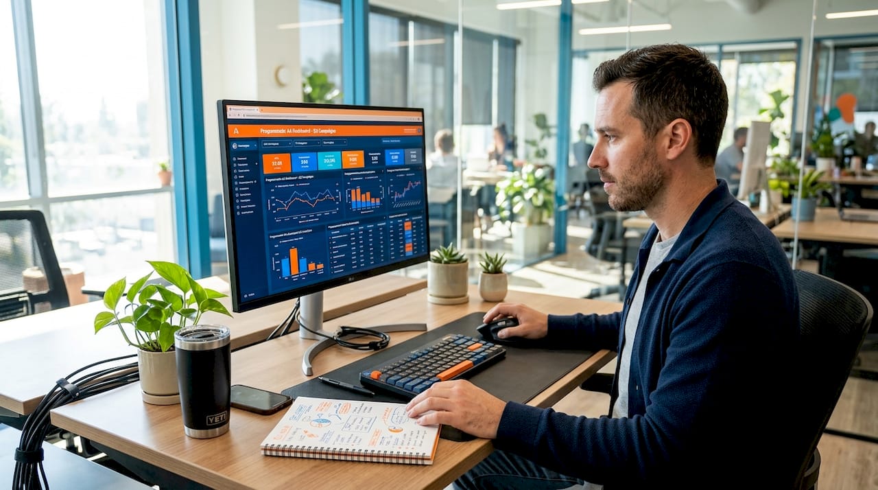 Marketer adjusting ad dashboard in workspace