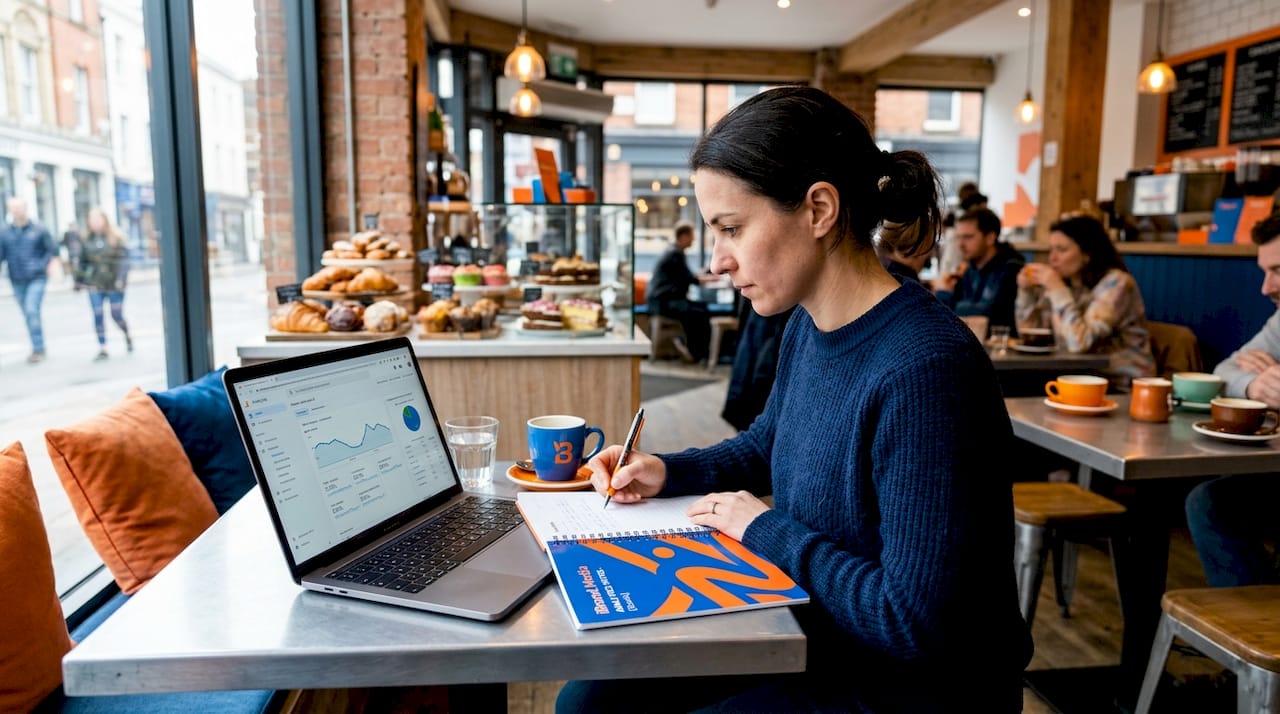 Website manager analyzing site analytics at desk