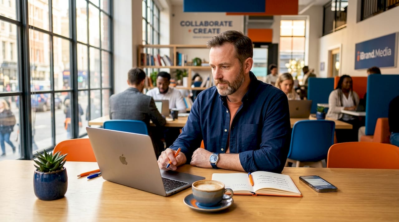 Business owner checks reviews in café