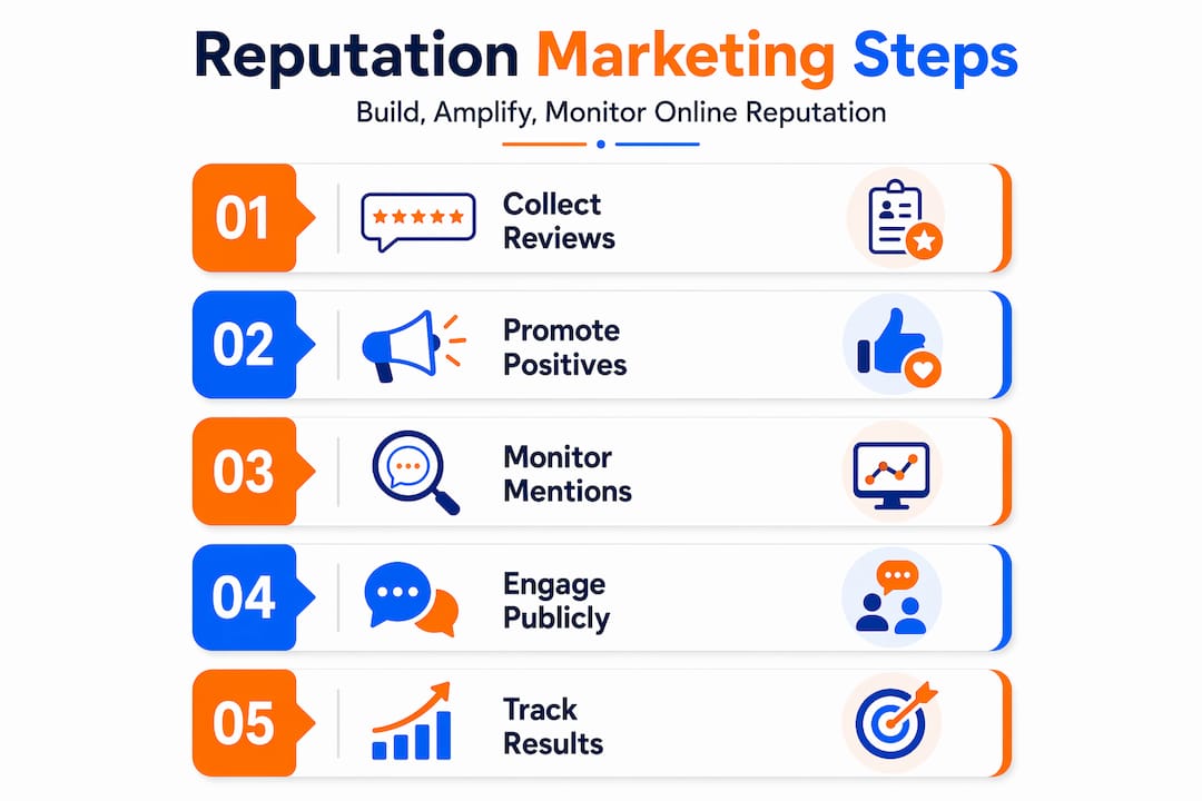 Infographic showing five core steps of reputation marketing