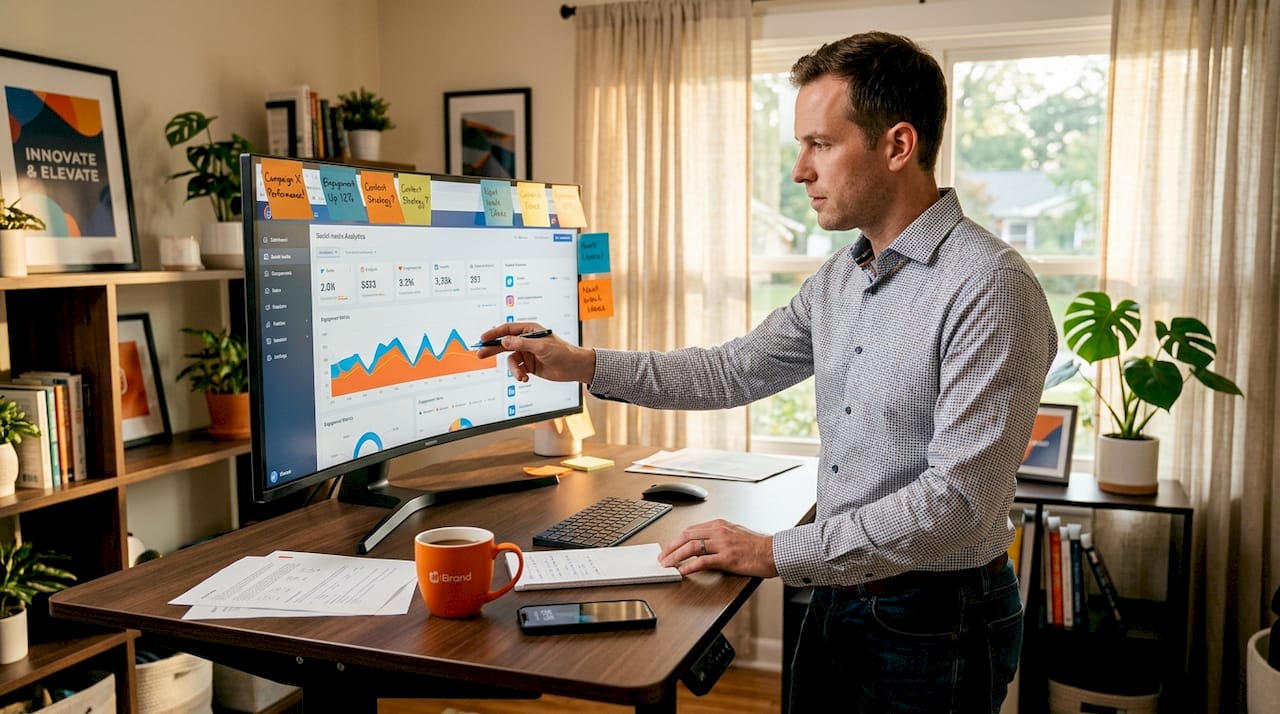 Marketer at home desk reviewing social media data