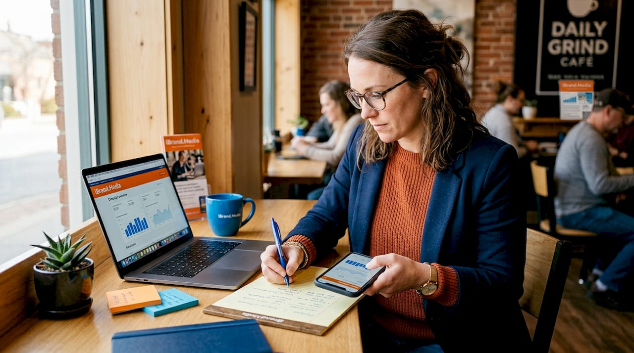 Manager reviews mobile ads on phone