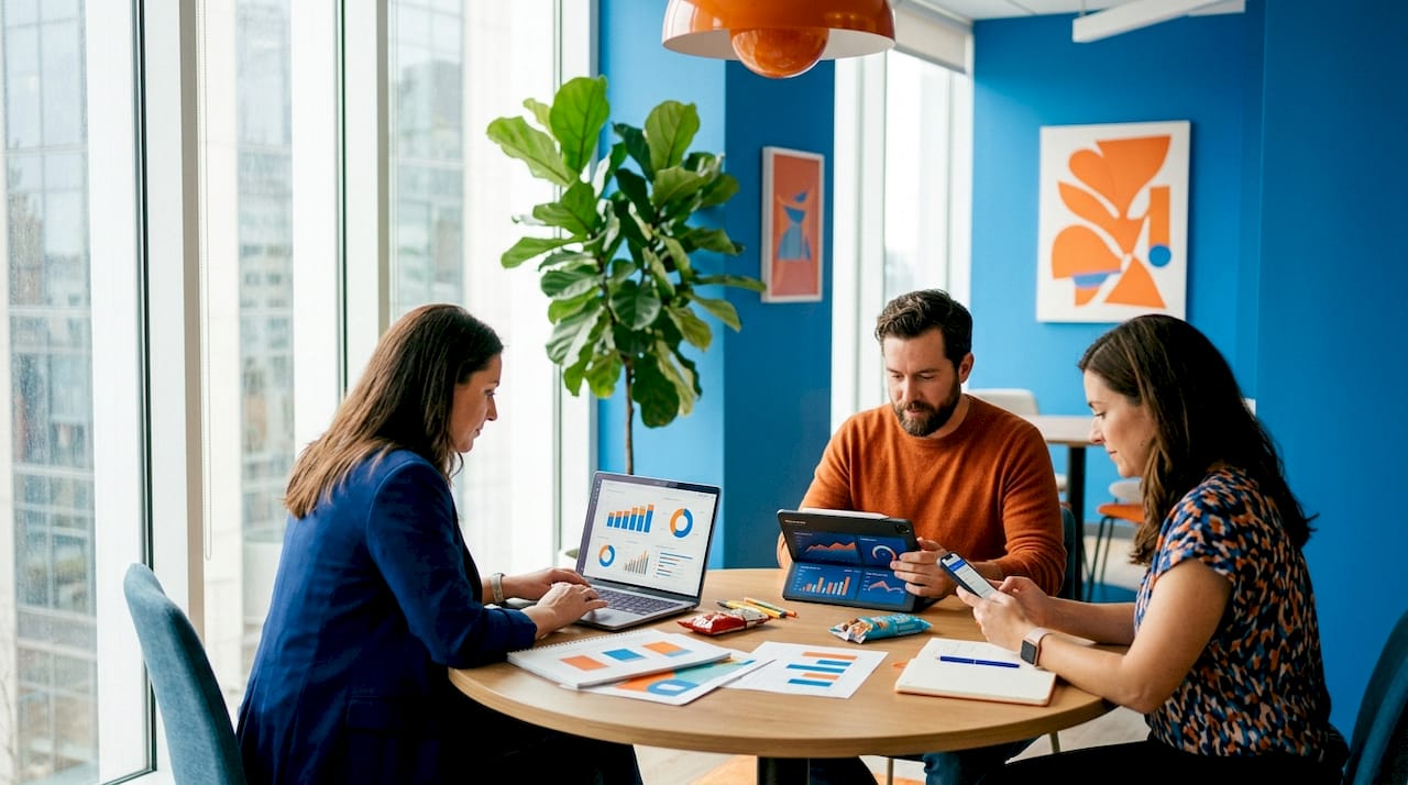 Small team collaborating in bright office workspace
