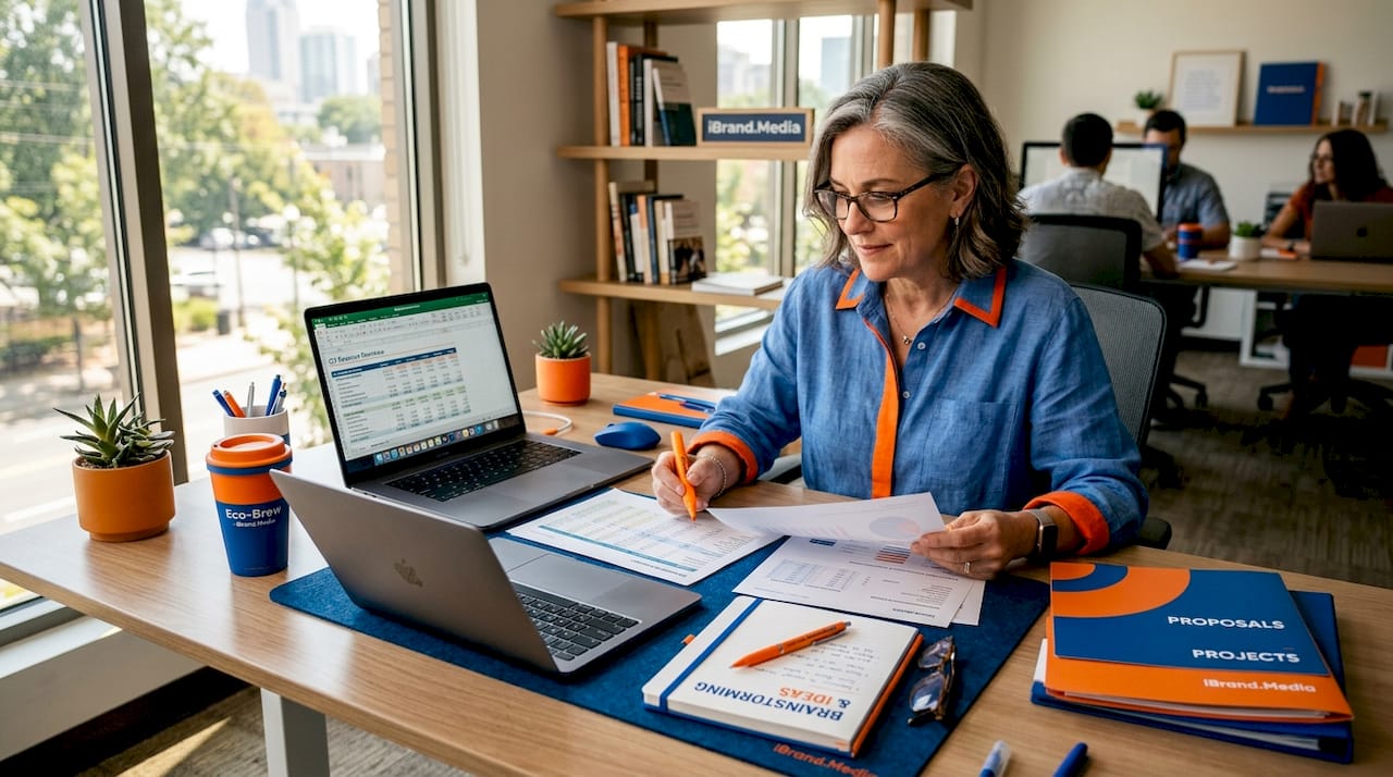 Small business owner reviewing content at desk