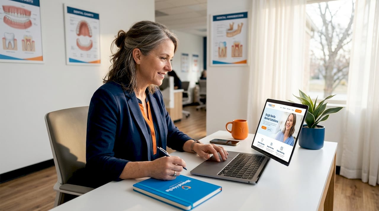 Dental office manager working on laptop