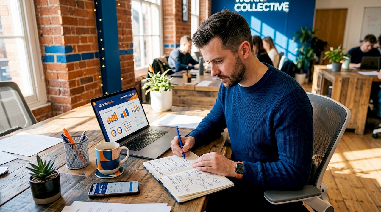 Marketer reviewing content strategy at home desk