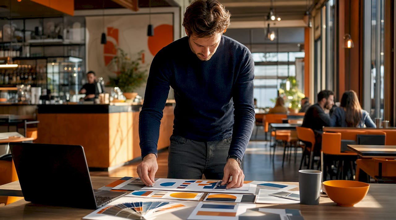 Small business owner reviewing branding materials