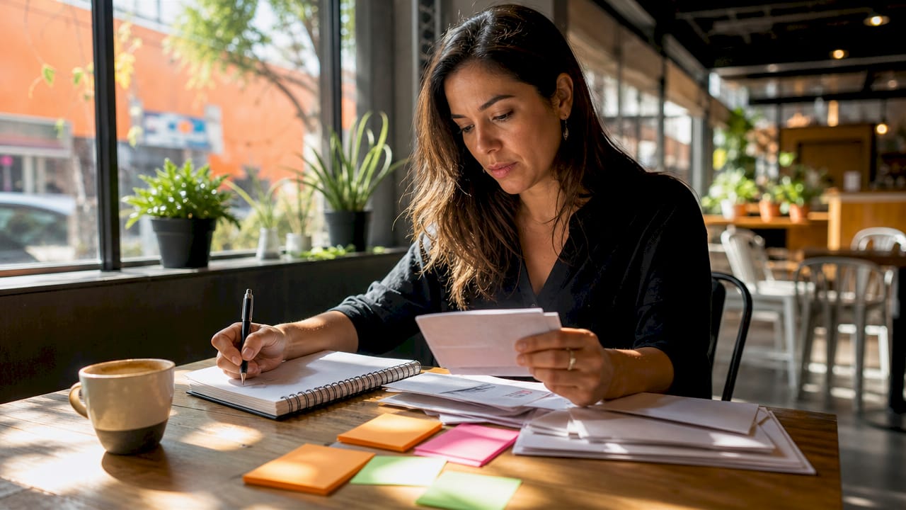 Small business owner organizing receipts