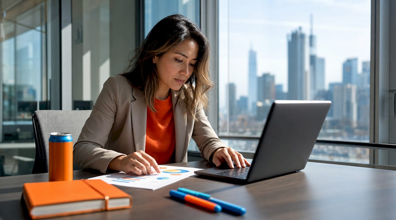 Marketing analyst reviewing printed campaign data report