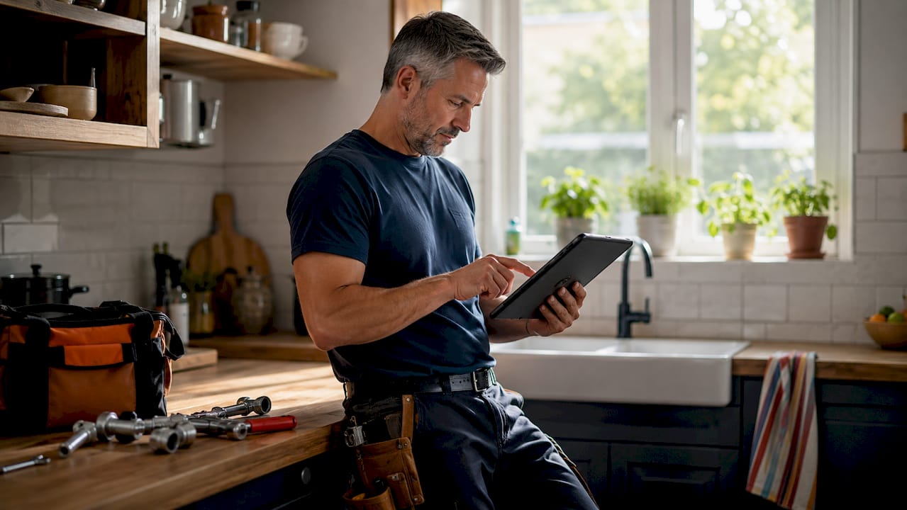 Plumber managing leads on tablet