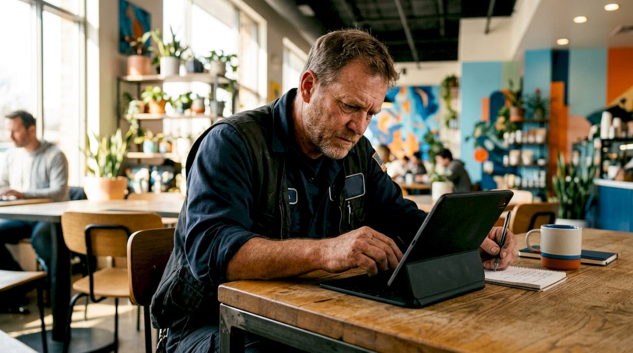 Plumber checking online reviews on tablet