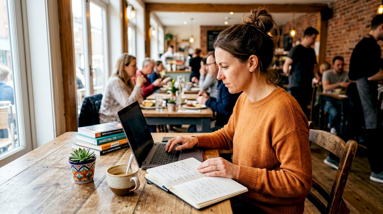Person optimizing banquet hall website on laptop