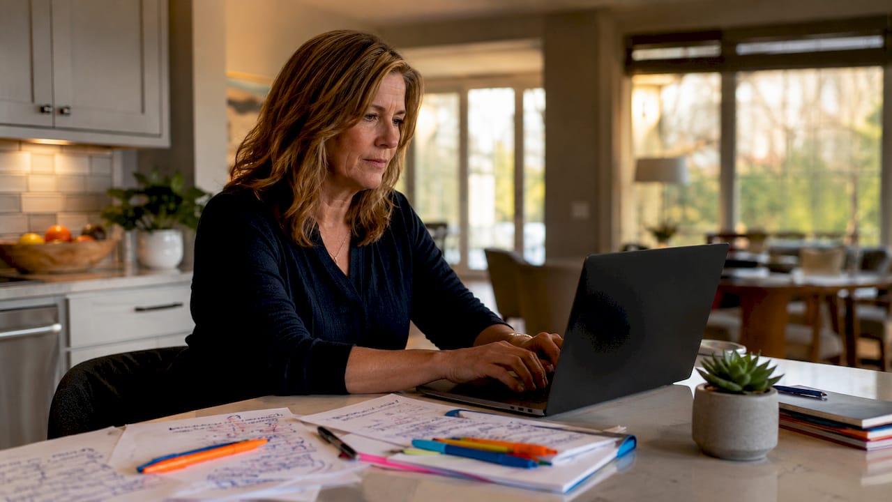 Small business owner typing persuasive ad copy