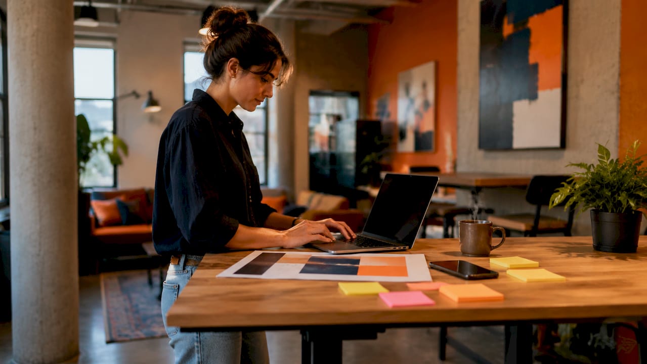Female copywriter typing at desk with notes