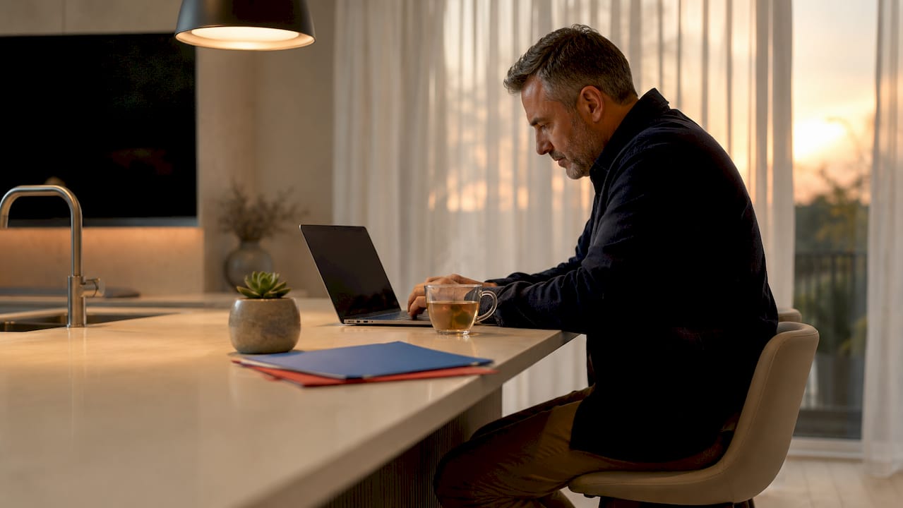 Contractor reviewing online feedback at desk