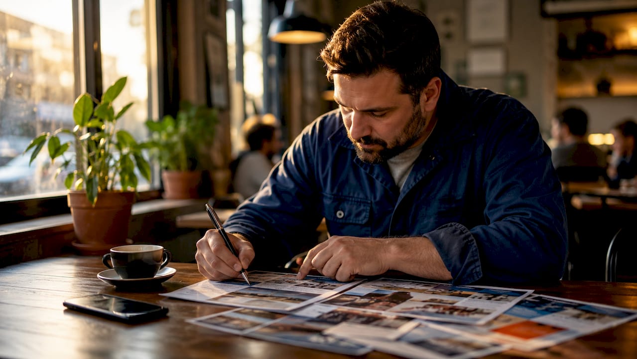 Plumber reviewing local ad flyers at kitchen table