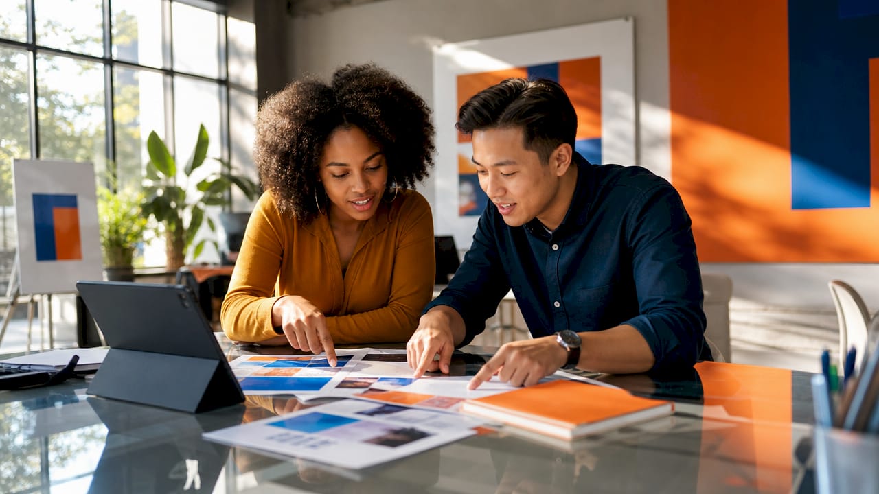 Two entrepreneurs planning marketing strategies