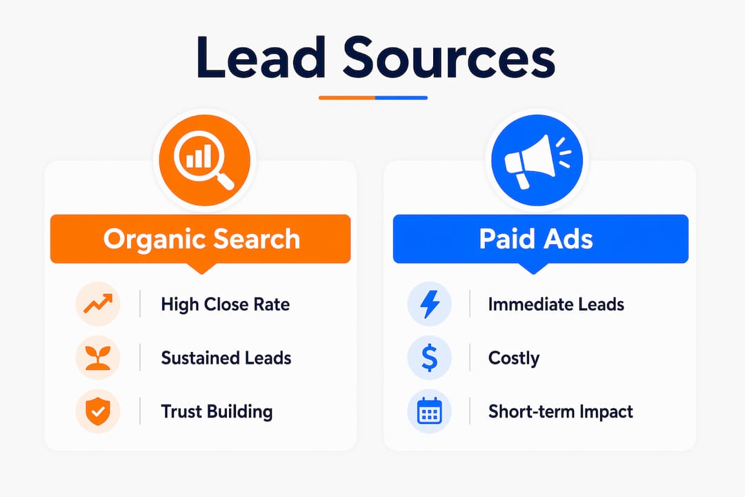 Infographic comparing organic search and paid ads lead sources