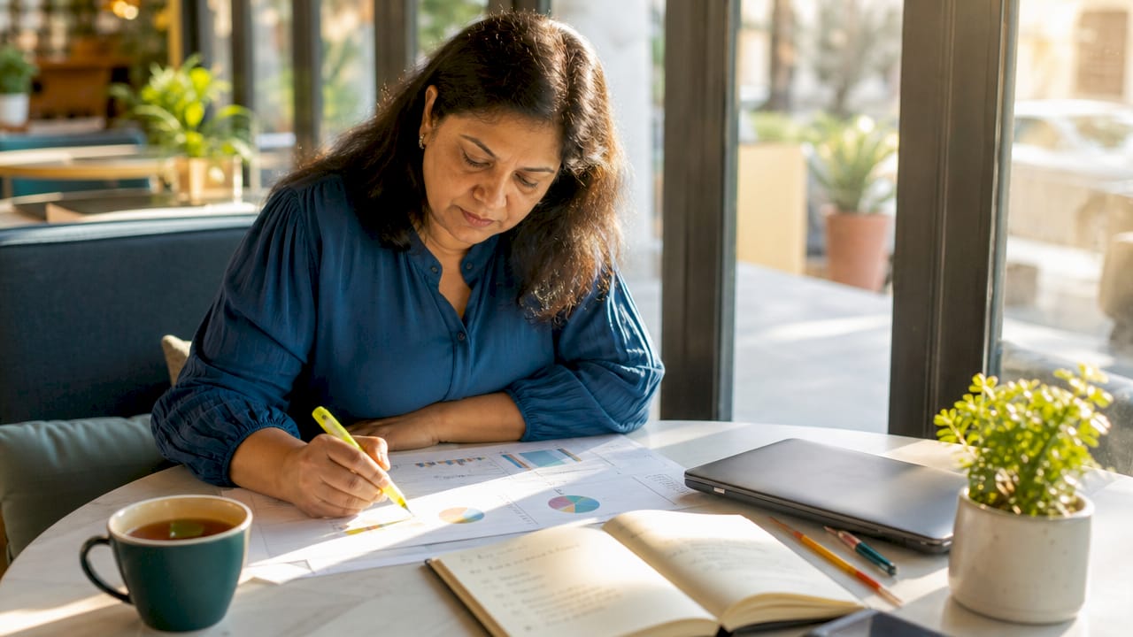 Woman reviewing website conversion charts at desk