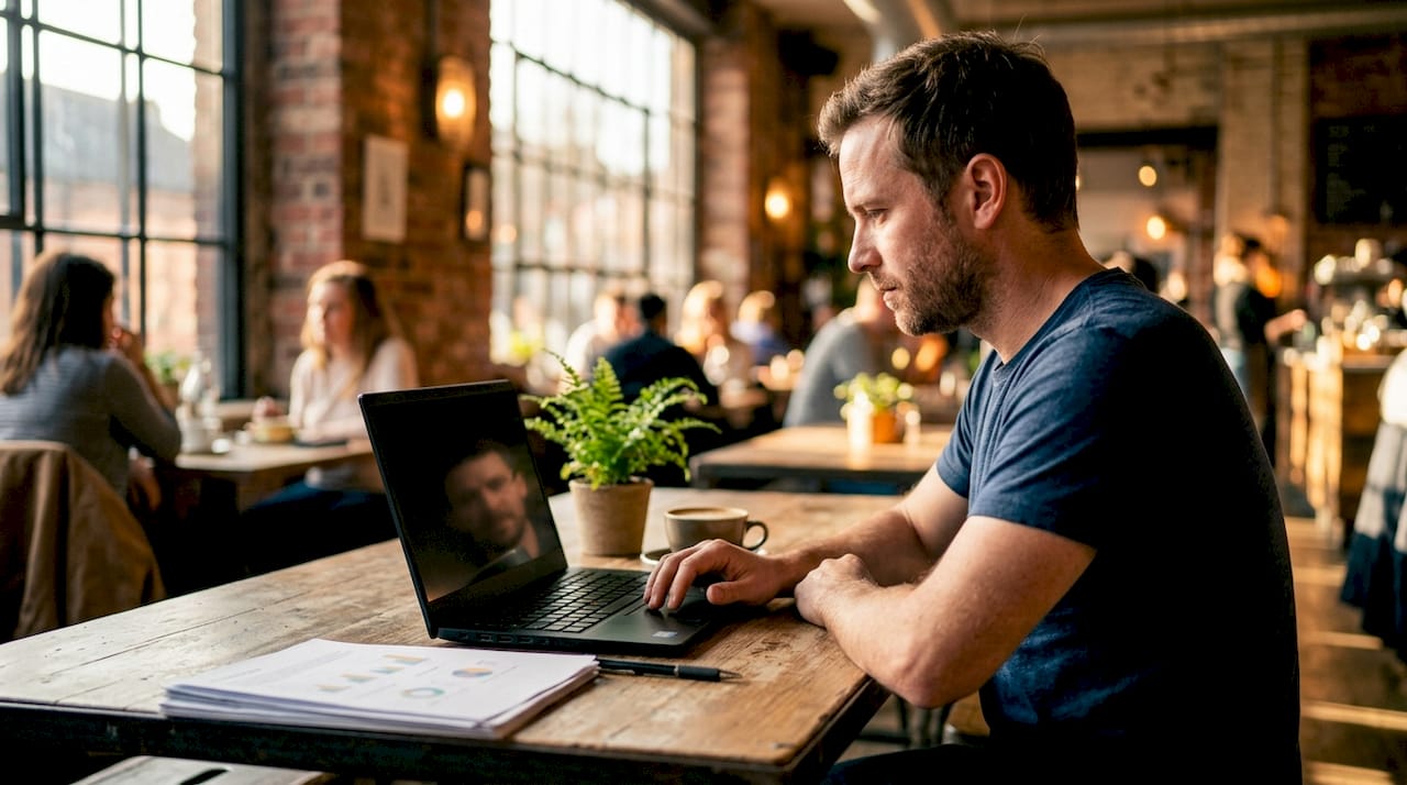 Contractor working on SEO laptop in home office