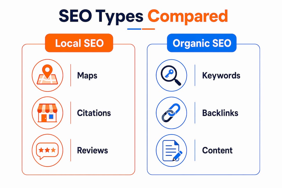Infographic contrasting local SEO vs organic SEO terms