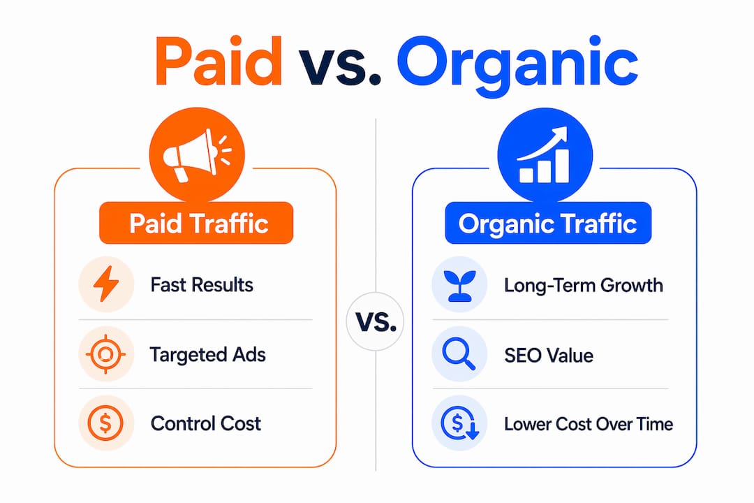 Infographic comparing paid and organic traffic benefits