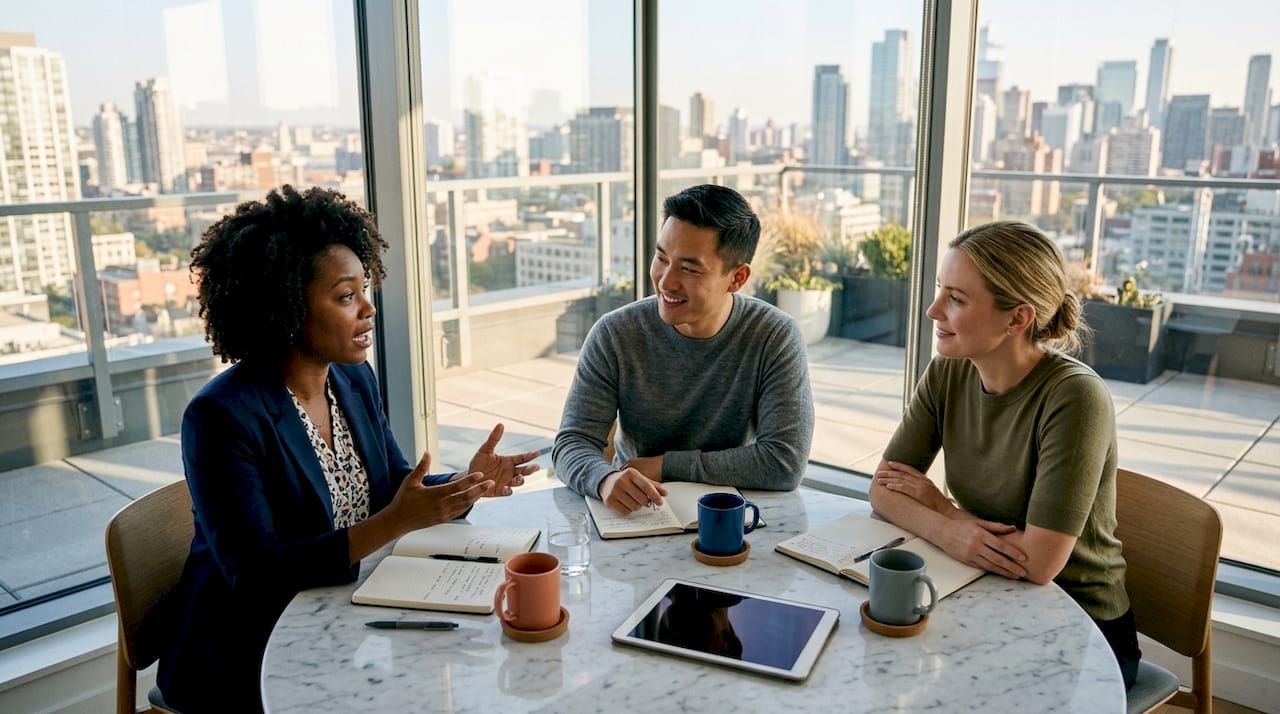 Team discussing customer engagement strategy in office