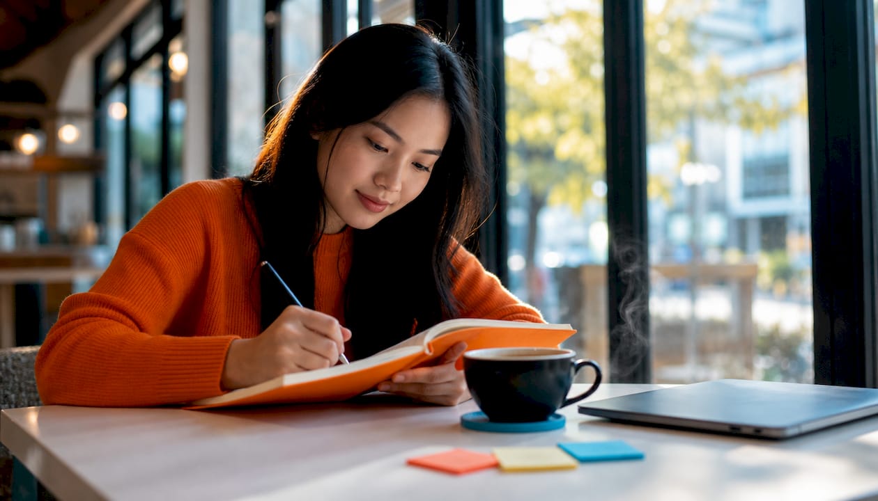 Person taking notes on brand strategy at desk