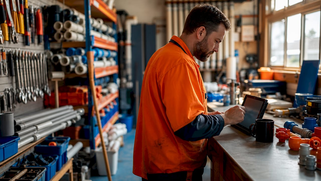 Plumber filling digital form on tablet at front desk