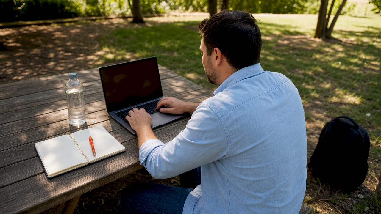 Small business owner working on laptop outdoors