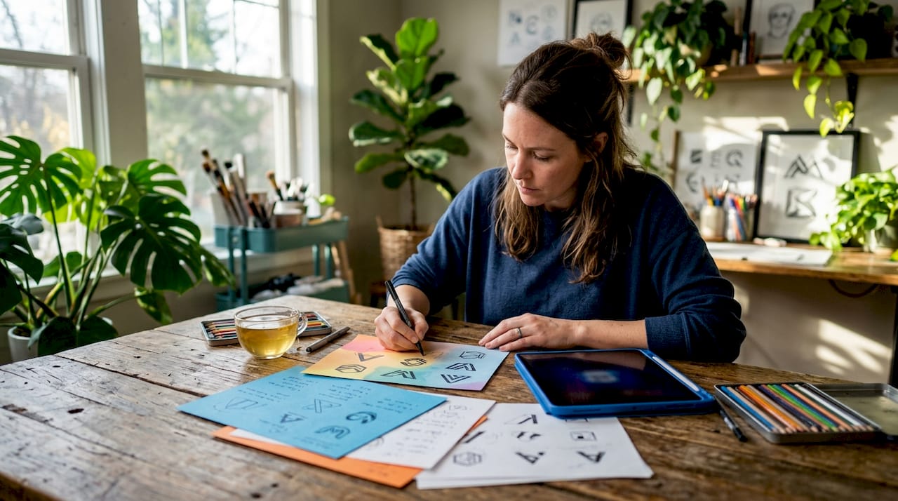 Designer sketching responsive branding logos at desk