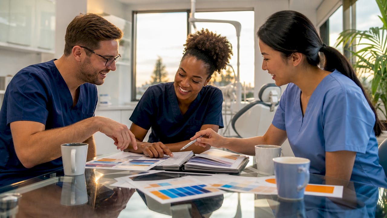 Dentists discussing branding strategy around table