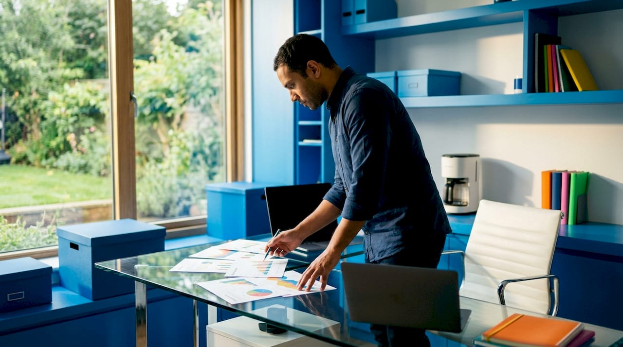 Marketing analyst reviewing maps and reports