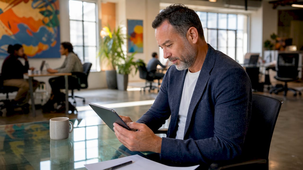 Small business owner using tablet for local search