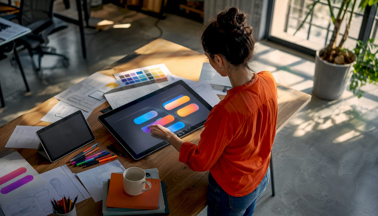 Designer adjusting CTA button on tablet