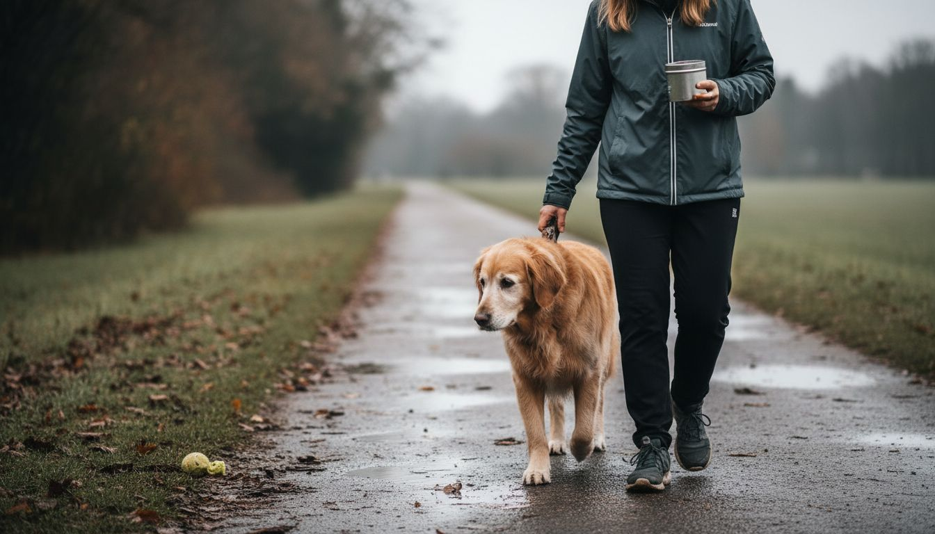 Eine ältere Dame spaziert mit ihrem betagten Hund durch den Park.