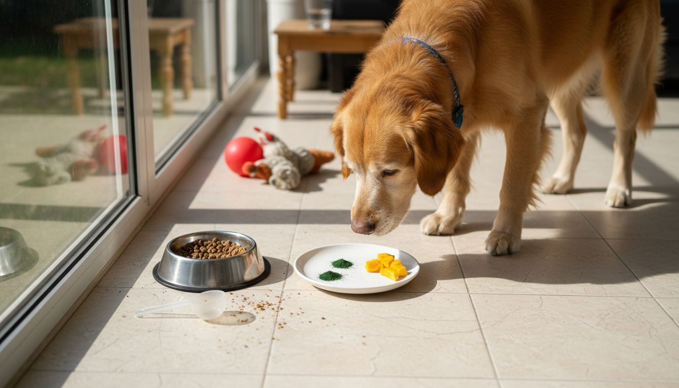 Neugierig beschnuppert der Hund die Superfoods in seinem Napf.