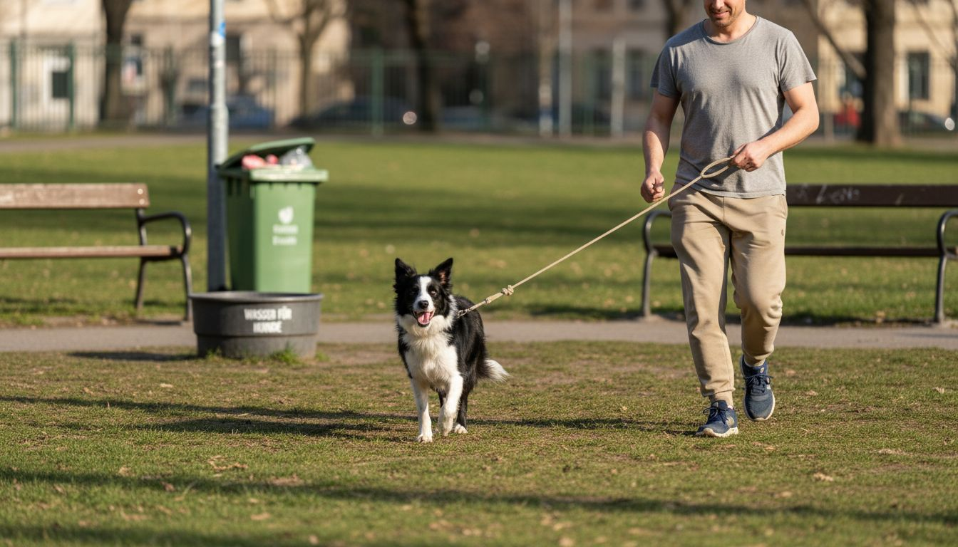Ein lebhafter Hund tobt mit seinem Herrchen durch den Park.