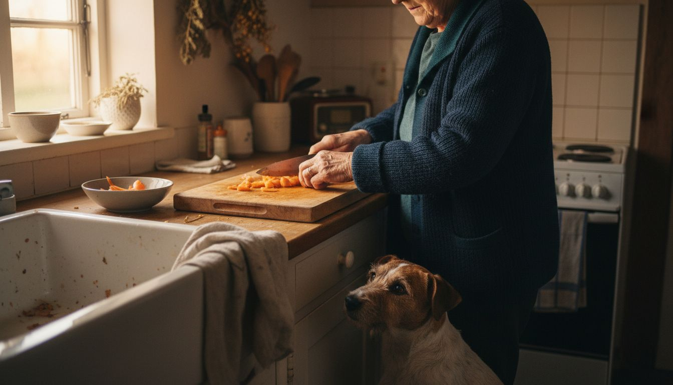 Neugierig schaut der Hund dabei zu, wie frische Zutaten zubereitet werden.