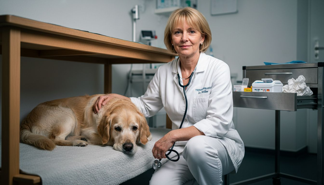 Eine Tierärztin schaut sich einen älteren Hund an, der gemütlich auf einer Decke liegt.